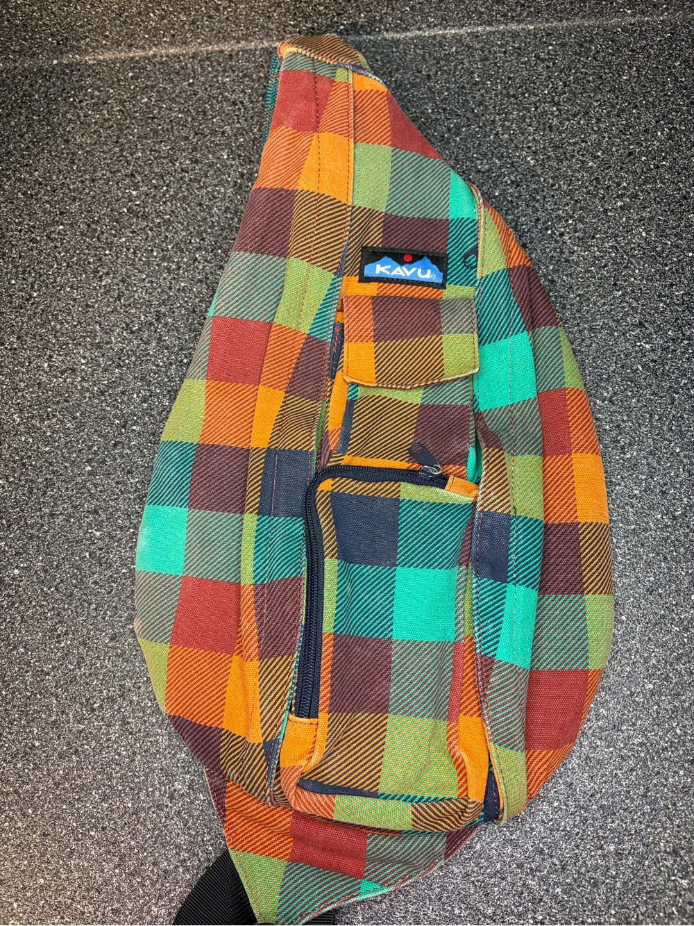 Kavu Multicolor Plaid Rope Sling Bag — Teal, Orange, Brown